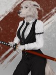 5_fingers anthro black_nose breasts clothed clothing female fingers fur grey_body grey_fur humanoid_hands japanese_sword katana mature_anthro mature_female melee_weapon necktie red_scabbard solo suit sword topwear vest wakizashi weapon asyadrawing petra_shirehart canid canine canis domestic_dog hunting_dog irish_wolfhound mammal sighthound 2020 3:4 hi_res