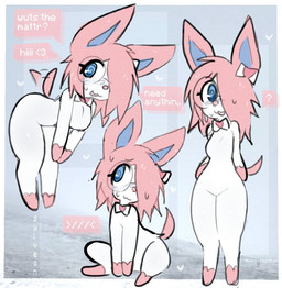 anthro blue_eyes blush blush_lines bodily_fluids breasts eyewear featureless_breasts featureless_crotch female fur glasses hair heart_symbol nerd one_eye_obstructed open_mouth pink_hair question_mark shy sitting solo speech_bubble spiral spiral_eyes sweat tail tail_motion tailwag text white_body white_fur vixenisdum nintendo pokemon eeveelution generation_6_pokemon pokemon_(species) sylveon 2025 english_text signature