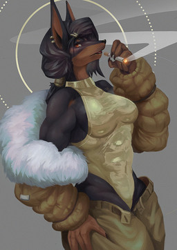 abs anthro black_body black_fur black_hair breasts brown_body brown_fur cigarette clothing ear_piercing ear_ring female fur fur_clothing grey_background hair looking_at_viewer multicolored_body multicolored_fur muscular muscular_anthro muscular_female orange_eyes piercing ring_piercing simple_background smoking smoking_cigarette solo tight_clothing two_tone_body two_tone_fur agitype01 canid canine canis dobermann domestic_dog mammal pinscher 2021 digital_media_(artwork) hi_res