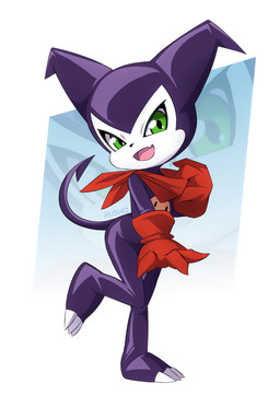 ambiguous_gender anthro claws clothed clothing fingers gloves green_eyes handwear iris kerchief looking_at_viewer male neckerchief neckwear pink_tongue pose pupils purple_body red_clothing red_gloves red_handwear red_kerchief red_neckerchief shortstack shortstack_male solo tongue white_body white_claws rusho bandai_namco digimon digimon_(species) impmon