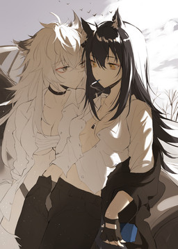 black_hair bottomwear breasts choker cigarette clothing cloud duo female female/female fingerless_gloves gloves hair handwear jewelry long_hair necklace outside pants plant smile tree white_hair meng_ziya arknights hypergryph studio_montagne lappland_(arknights) texas_(arknights) animal_humanoid canid canid_humanoid humanoid mammal mammal_humanoid 2020 hi_res