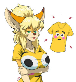 anthro big_breasts big_ears blonde_hair blush blush_stickers breasts clothing directional_arrow ears_up eyebrows eyelashes female fur green_eyes hair looking_at_viewer orange_body orange_fur shirt solo tongue tongue_out topwear chisheq nadia_(chisheq) hi_res