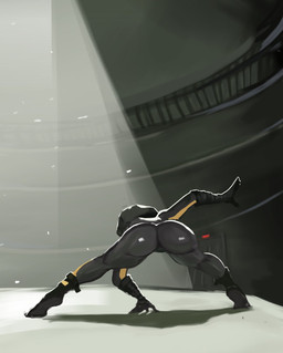 anthro black_clothing bodysuit boots butt clothing female fighting_pose footwear one_piece_suit pose presenting presenting_hindquarters prison shoes skinsuit solo tactical tactical_gear tight_clothing tight_fit kashink7 dreamworks the_bad_guys diane_foxington canid canine fox mammal true_fox hi_res