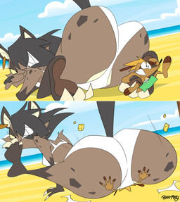 anthro beach big_butt black_hair blue_sky brown_body brown_fur butt clothing duo female fur hair male outside rear_view sea sitting_on_another sky swimwear text water potateymatey leena_(potateymatey) marley_(potateymatey) herpestid hyena mammal meerkat 2025 absurd_res hi_res signature