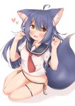 2019 ahoge animal_humanoid blue_hair blush canid canid_humanoid canine canine_humanoid clothing colored_nails female fox_humanoid hair heart_symbol hi_res humanoid mammal mammal_humanoid minato_yuu nails open_mouth panties shirt simple_background solo topwear underwear white_background yellow_eyes