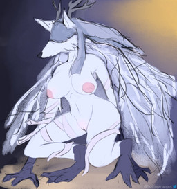3_toes anthro antlers areola bandage big_breasts black_claws breasts claws covered_eyes crouching digitigrade feet female fingernails fur genitals hair horn multicolored_body nails navel nipples nude pink_areola pink_nipples sharp_fingernails sharp_nails simple_background solo toes vulva white_body white_ears white_fur bustingmangos bloodborne fromsoftware mythology sony_corporation sony_interactive_entertainment vicar_amelia beast_(bloodborne) canid canine canis mammal monster mythological_canine mythological_creature werecanid werecanine werecreature werewolf wolf 2022 digital_media_(artwork) hi_res