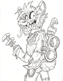 amputee anthro beard big_ears biped bottomwear chain clothed clothing crazed crazed_look crazy_eyes damaged devilish_grin disability ear_piercing evil_grin facial_hair fangs fur grin hair jacket jewelry key leather leather_clothing leather_jacket leather_topwear looking_back machine male missing_arm missing_limbs monkey_wrench pants piercing pipe_wrench plantigrade pose round_ears seam_(sewing) sharp_teeth side_view simple_background skinny smile smirk solo spikes standing stitch_(sewing) tail teeth teeth_showing text three-quarter_view tongue tongue_out tools topwear weapon weapon_arm wind-up_key wind-up_toy wrench wrist_weapon lachendesreh madlag dark_deception animatronic haplorhine mammal monkey murder_monkey primate robot 2026 german_text hi_res monochrome portrait signature three-quarter_portrait traditional_media_(artwork) translated