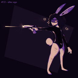 body_hair bulge bullet clothing curly_hair domino_mask earpiece eyemask eyewear glowing glowing_eyes gun hair handgun latex latex_clothing male mask mind_control null_bulge ranged_weapon science_fiction simple_background solo weapon ofthestarlesssea hypnovember hypnovember2025 morgan_(ofthestarlesssea) lagomorph leporid mammal rabbit 1:1 digital_media_(artwork) full-length_portrait hi_res portrait shaded nonbinary_(lore)