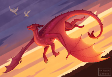 ambiguous_gender back_spikes cloud eyebrow_spikes feral fin flying glistening glistening_body group horn membrane_(anatomy) membranous_wings red_body red_scales scales sky solo_focus spikes spikes_(anatomy) sunset tail tail_fin trio wings yellow_eyes harmaagriffin mythology ray_(unna) avian bird dragon mythological_creature mythological_scalie scalie hi_res female_(lore)