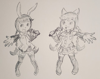 accessory anthro arm_warmers armwear boots bottomwear braided_hair braided_pigtails button_(fastener) clothing collared_shirt dress_shirt duo electronics female footwear hair microphone necktie pockets pointy_ears prick_ears shirt shoes skirt sleeveless_shirt smile topwear pikapika212 bemani crypton_future_media konami pop'n_music vocaloid yamaha_corporation hatsune_miku kasane_teto mimi_(pop'n_music) nyami_(pop'n_music) domestic_cat felid feline felis lagomorph leporid mammal rabbit absurd_res hi_res