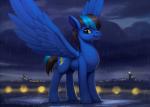 blue_body blue_feathers blue_fur cutie_mark day detailed_background feathered_wings feathers feral fur hooves male outside raining sky smile solo wings rodrigues404 hasbro my_little_pony mythology fan_character equid equine mammal mythological_creature mythological_equine pegasus 2017 animated digital_media_(artwork) short_playtime