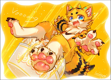 anthro blue_eyes blush countershade_torso countershading dessert fangs fluffy fluffy_tail food fur fur_markings horn ice_cream inner_ear_fluff kemono leg_markings looking_at_viewer male markings neck_tuft open_mouth orange_background orange_body pawpads paws simple_background sitting socks_(marking) solo stinger tail teeth text tuft ahonobo arthropod bee hymenopteran insect 2025