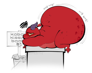 annoyed anthro belly big_butt blush blush_lines bodily_fluids broken_horn bucket butt container emanata freckled_butt freckles frustration_cloud furniture horn huge_butt hyper hyper_butt kiss_mark kiss_mark_on_butt lying male money motion_lines on_front side_view sign solo sweat sweatdrop table text text_on_sign wobble wobbling_butt kafrizzzle hookjaw_(mngoez) kobold scalie english_text hi_res