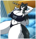 anthro big_breasts bra_and_panties breasts female hand_behind_head holding_object holding_plushie plushie sleeping solo teacher wide_hips zerosenpie ms_kurone canid canine canis mammal wolf hi_res