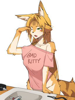 anthro blonde_hair bottomless breasts choker clothed clothing eyebrows eyelashes female fur green_eyes hair inner_ear_fluff jewelry neck_tuft necklace off_shoulder one_eye_closed open_mouth shirt sink solo t-shirt text text_on_clothing text_on_shirt text_on_topwear topwear tuft white_body white_fur yawn yellow_body yellow_fur octojuice mihoyo zenless_zone_zero pulchra_fellini felid feline felis mammal thiren 2025 hi_res
