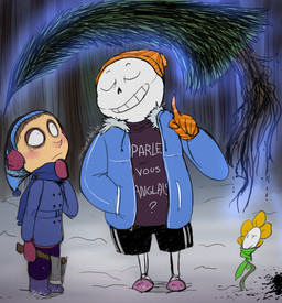 axe bone bottomwear clothed clothed_human clothed_male clothing earmuffs fully_clothed fully_clothed_human fully_clothed_male gloves group handwear hat hatchet headgear headwear male melee_weapon not_furry outside plant scarf shorts skeleton snow tree weapon winter foxtragic undertale undertale_(series) flowey_the_flower frisk_(undertale) sans_(undertale) animated_skeleton elemental_creature flora_fauna human mammal undead colored digital_drawing_(artwork) digital_media_(artwork) shaded