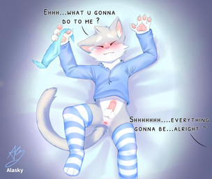 :3 anthro anus bed biped blue_clothing blue_hoodie blue_leg_warmers blue_legwear blue_thigh_highs blue_topwear blush blush_lines clothing duo eyes_closed femboy fur furniture grey_body grey_fur hoodie kemono leg_warmers legwear male male/male on_bed pink_anus shota slim_anthro slim_male solo_focus text thigh_highs topwear young young_anthro young_male fur_alasky domestic_cat felid feline felis mammal 2021 english_text hi_res