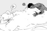 anthro belly big_belly big_butt blush butt butt_pillow duo eyes_closed hug hugging_another hugging_butt human_on_anthro interspecies lying male male/male overweight overweight_male tattoo nekokat42 one_piece bepo_(one_piece) trafalgar_law bear human mammal minkmen_(one_piece) polar_bear ursine 2023 monochrome