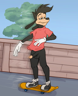 anthro balls biped black_body black_clothing black_eyes black_footwear black_fur black_hair black_nose black_shoes black_sneakers blue_sky brick brick_wall clothed clothing day eyebrows footwear fur genitals gloves hair half-closed_eyes handwear humanoid_genitalia humanoid_penis male motion_lines narrowed_eyes outside pantsless penis plant red_clothing red_shirt red_t-shirt red_topwear road shirt shoes skateboard skateboarding sky solo standing t-shirt tailless teeth toony topwear tree vehicle wall_(structure) white_clothing white_face white_gloves white_handwear white_sclera animatics disney goof_troop max_goof canid canine canis domestic_dog mammal 2025 colored digital_drawing_(artwork) digital_media_(artwork) hi_res