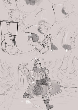 anthro armor big_breasts bodily_fluids book bottle breastfeeding breasts cleavage clothed clothing container duo female forest fur hair holding_object horn huge_breasts lactating male nipples plant reading robe saliva saliva_string shield standing tree walking doctordj bovid bovine cattle human mammal absurd_res hi_res