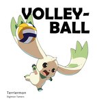 anthro ball bandai_namco beady_eyes digimon digimon_(species) english_text fur horn long_ears male op7804620 prehensile_ears solo sport terriermon text volleyball volleyball_(ball) white_body white_fur