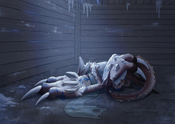 ambiguous_gender anthro barn blood bodily_fluids ice icicle night snow snowfall solo wound_on_arm wound_on_face wounded ekvilion monster absurd_res full-length_portrait hi_res portrait