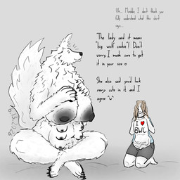 anthro breasts duo female holding_object humor male multi_breast multi_nipple nipples sitting text canid canine canis human mammal wolf 1:1 2026 english_text hi_res