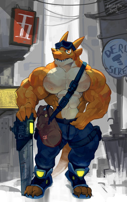 3_toes 4_fingers anthro biceps big_muscles blue_bottomwear blue_clothing blue_footwear blue_pants blue_shoes bottomwear city city_background claws clothed clothing countershade_torso countershading detailed_background eyewear eyewear_on_head feet finger_claws fingers footwear furgonomic_footwear furgonomics goggles goggles_on_head hand_on_hip hand_on_object huge_muscles looking_at_viewer male muscular muscular_male open_mouth orange_body orange_eyes orange_scales pants pants_only scales shoes shoulder_bag sign sign_graphic smiley_face solo tail teeth toe_claws toes topless vein veiny_muscles white_body white_countershading white_sclera worried goofyahdragons lizard reptile scalie absurd_res full-length_portrait hi_res portrait