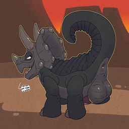 all_fours anus backsack balls big_balls feral genitals huge_balls lidded_eyes looking_at_viewer looking_back looking_back_at_viewer male penis solo speech_bubble text argon_vile don_bluth the_land_before_time daddy_topps ceratopsian ceratopsid chasmosaurine dinosaur marginocephalian ornithischian prehistoric_species reptile scalie triceratops english_text hi_res