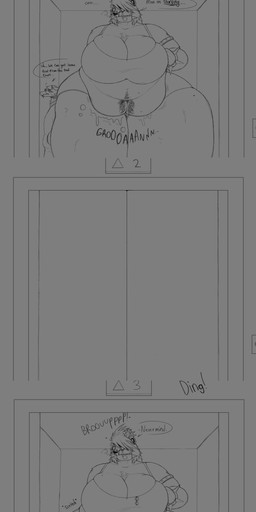 bodily_fluids cramped drooling elevator groaning_belly hungry rumbling_stomach saliva squish text vore voretober2025 50beowulf voretober voretober_2025 american_opossum mammal marsupial mephitid skunk virginia_opossum absurd_res english_text hi_res monochrome sketch