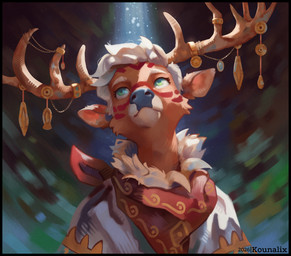 anthro antler_jewelry antlers backlighting bodypaint clothing face_paint front_view gold_(metal) gold_jewelry green_eyes hair horn jewelry kerchief light looking_up male neckerchief neckwear poncho red_kerchief red_neckerchief solo subsurface_scattering white_hair white_poncho kounalix deer mammal hi_res lighting portrait
