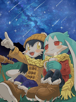 anthro black_body black_fur boots bottomwear clothing coat container cup duo footwear fur gesture green_body green_fur hand_gesture holding_container holding_cup holding_mug holding_object kemono male male/male mug night open_mouth outside pants pointing pointing_up red_eyes shoes shooting_star sitting sky smile star starry_sky telescope topwear winter_hat yellow_eyes young young_anthro young_male amber_graygamma bandai_namco klonoa_(series) king_of_sorrow klonoa 2024 hi_res