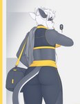 abstract_background anthro athletic_wear bandage beverage black_body black_fur bodily_fluids bottomwear butt clothing drinking duffel_bag ear_piercing femboy fur hair leggings legwear looking_away male midriff mostly_clothed pants piercing rear_view solo spandex sweat sweatdrop thick_thighs tight_clothing tights towel undercut white_body white_fur white_hair yellow_eyes yoga_pants nextel proby domestic_cat felid feline felis mammal hi_res