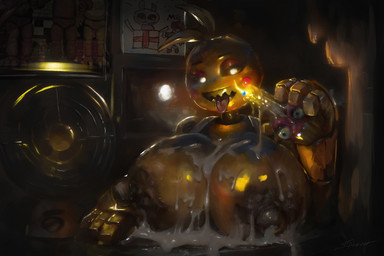 4_fingers anthro areola beakless big_areola big_breasts big_nipples breasts candle candlelight clothed clothing desk_fan drawing_(object) dripping dripping_wax female fingers fluid_on_breasts glistening glistening_body glowing glowing_eyes huge_breasts joints light machine nipple_outline nipples puffy_nipples rosy_cheeks sharp_teeth smile solo suggestive_fluid teeth tongue tongue_out wax wax_on_breasts wax_play yellow_body nx147 five_nights_at_freddy's five_nights_at_freddy's_2 scottgames cupcake_(fnaf) toy_chica_(fnaf) animatronic avian bird chicken galliform phasianid robot 2026 3:2 digital_media_(artwork) digital_painting_(artwork) hi_res painting_(artwork)