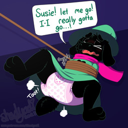 3_toes ambiguous_gender anthro black_body black_fur bound clean_diaper clothed clothing dialogue diaper distressed dragging ellipsis eyes_closed fart fart_cloud feet floppy_ears fur green_clothing green_hat green_headwear green_robe hat headgear headwear heart_symbol lying on_back open_mouth pink_scarf robe rumbling_stomach scarf simple_background solo sound_effects speech_bubble text toes wavy_mouth wearing_diaper wizard_hat shadyadi deltarune undertale_(series) ralsei bovid caprine darkner goat mammal 1:1 2023 artist_name english_text full-length_portrait hi_res portrait signature url male_(lore)