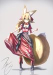 blonde_hair clothing dress female footwear green_eyes hair hand_on_dress jewelry pendant ponytail shoes simple_background solo standing fukutchi_(artist) animal_humanoid canid canid_humanoid canine canine_humanoid fox_humanoid humanoid mammal mammal_humanoid 2018 absurd_res hi_res