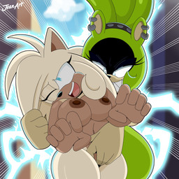anthro areola big_breasts black_body black_fur black_nose blue_eyes breasts brown_areola brown_body brown_fur brown_nipples duo ear_piercing electrogenesis eyelashes facial_markings female female/female fingering front_view fur green_body green_fur head_markings markings navel nipples nude one_eye_closed open_mouth piercing sharp_teeth smile tan_body tan_fur teeth thick_thighs vaginal vaginal_fingering white_body white_fur wide_hips jeanart idw_publishing sega sonic_the_hedgehog_(comics) sonic_the_hedgehog_(idw) sonic_the_hedgehog_(series) fan_character surge_the_tenrec afrosoricid mammal tenrec 1:1 hi_res