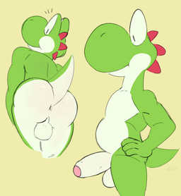 anthro anus ass_up backsack balls belly biped butt erection foreskin genitals glistening green_body humanoid_genitalia humanoid_penis male multicolored_body nude penis side_view simple_background slightly_chubby solo tail two_tone_body white_belly white_body yellow_background cosmicbologni mario_bros nintendo dinosaur prehistoric_species reptile scalie yoshi 2025 hi_res