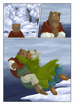 5_fingers anthro biped brown_body brown_fur clothed clothing cloud cloudy_sky day duo eyes_closed female fingers fur hug outside plant scar sky snow snowing tree bjekkergauken hillevi nanna_(bjekkergauken) bear brown_bear mammal ursine 2025 colored comic hi_res