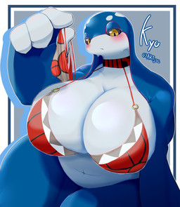 anthro big_breasts biped blue_body blush bottomless breasts clothed clothing countershade_torso countershading eyelashes female fingers front_view half-closed_eyes holding_object huge_breasts looking_at_viewer multicolored_body narrowed_eyes navel print_clothing simple_background solo text thick_thighs thong underwear underwear_only white_body white_countershading yellow_eyes anonymous_artist nintendo pokemon kyu_(artesjsc) generation_3_pokemon kyogre legendary_pokemon pokemon_(species) 2026 character_name digital_drawing_(artwork) digital_media_(artwork) hi_res