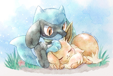ambiguous_gender anthro blue_body brown_body brown_fur duo eyes_closed feral flower fur grass headpat lying on_front orange_eyes pawpads plant sitting sky sleeping star starry_sky tail remedy0308 nintendo pokemon eevee generation_1_pokemon generation_4_pokemon pokemon_(species) riolu 2024 hi_res signature