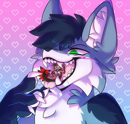 anthro black_pawpads blush blush_lines bodily_fluids cheek_tuft chest_tuft claws duo emon facial_tuft fangs green_eyes hair in_mouth inner_ear_fluff male male/male micro nude open_mouth open_smile pawpads pink_tongue pupils saliva sharp_teeth short_hair slit_pupils smile snout tail teeth tongue tuft vore white_claws white_pawpads appliei canid canine mammal 2025 hi_res
