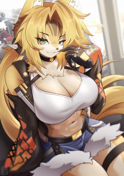 anthro big_breasts biped blonde_hair blue_clothing breasts cleavage clothed clothed_anthro clothed_female clothing eyebrows eyelashes female female_anthro fur green_eyes hair long_hair looking_at_viewer pupils sitting slit_pupils smile solo thick_thighs white_clothing yellow_body sk3tchk4t mihoyo zenless_zone_zero pulchra_fellini felid feline mammal thiren absurd_res hi_res huge_filesize
