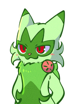:3 ambiguous_anthro ambiguous_gender anthro arm_tuft blush blush_lines dipstick_ears ear_markings facial_markings fur green_body green_ear_tips green_ears green_fur hands_behind_back head_markings markings mask_(marking) multicolored_body multicolored_ears multicolored_fur pupils red_eyes simple_background slit_pupils solo standing tuft two_tone_body two_tone_ears two_tone_fur white_background white_sclera wrist_tuft momensarada nintendo pokemon felid feline floragato generation_9_pokemon mammal pokemon_(species) 2022 half-length_portrait hi_res portrait