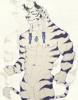 accessory anthro black_stripes blue_eyes braided_hair claws flower fur hair horn jewelry leaf male multi_ear muscular muscular_male necklace nipples pink_nipples plant solo stripes tail vines white_body white_fur douando guild_wars charr felid mammal absurd_res hi_res
