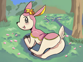 anus black_eyes black_nose blush butt detailed_background female feral genitals looking_at_viewer plant solo tree vulva dizzytizzy nintendo pokemon deerling generation_5_pokemon pokemon_(species) spring_deerling 4:3 digital_media_(artwork) hi_res