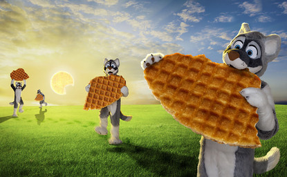 anthro blue_eyes clothing cloud costume detailed_background eating fursuit group male nature nom outside real sky sun tail ezwolf third-party_edit shivon canid canine canis domestic_dog mammal collage_(artwork) grandfathered_content mixed_media photo_manipulation shopped