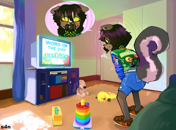 anthro bedroom black_hair bodily_fluids bottomwear bubble close-up clothed clothing crouching crt denim denim_bottomwear denim_clothing denim_shorts diaper diaper_peekage diaper_under_clothing drooling ear_piercing ear_ring ears_down electronics eyelashes eyeliner feces female footwear grunting hair hypnosis hypnotic_screen intelligence_loss jacket kerchief leather leather_clothing leather_jacket leather_topwear makeup mind_control neckerchief neckwear object_in_mouth pacifier pacifier_in_mouth piercing pivoted_ears plushie pooping pushing ring_piercing saliva saliva_string shoes shorts skunk_tail smile sneakers snot snot_bubble soiled_diaper soiling soiling_diaper solo spiral spiral_eyes standing television topwear toy unclean_diaper used_diaper velcro velcro_footwear watching_television wearing_diaper s4n nintendo pokemon generation_1_pokemon mammal mephitid pikachu pokemon_(species) skunk 2025 hi_res