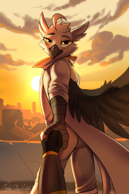 anthro beak black_beak black_body black_feathers blush clothing cloud duo feathered_wings feathers first_person_view hand_holding looking_at_viewer male smile sun white_body white_feathers wings yellow_eyes jedayskayvoker mythology tristan_alastair avian gryphon mythological_avian mythological_creature 2:3 absurd_res hi_res