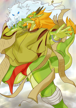 5_fingers anthro blue_eyes clothing duo facial_hair fingers goatee hair horn kemono looking_at_viewer male muscular muscular_male orange_hair scroll tail yabuinu asian_mythology east_asian_mythology mythology canid canine canis dragon eastern_dragon mammal mythological_creature mythological_scalie scalie wolf absurd_res hi_res